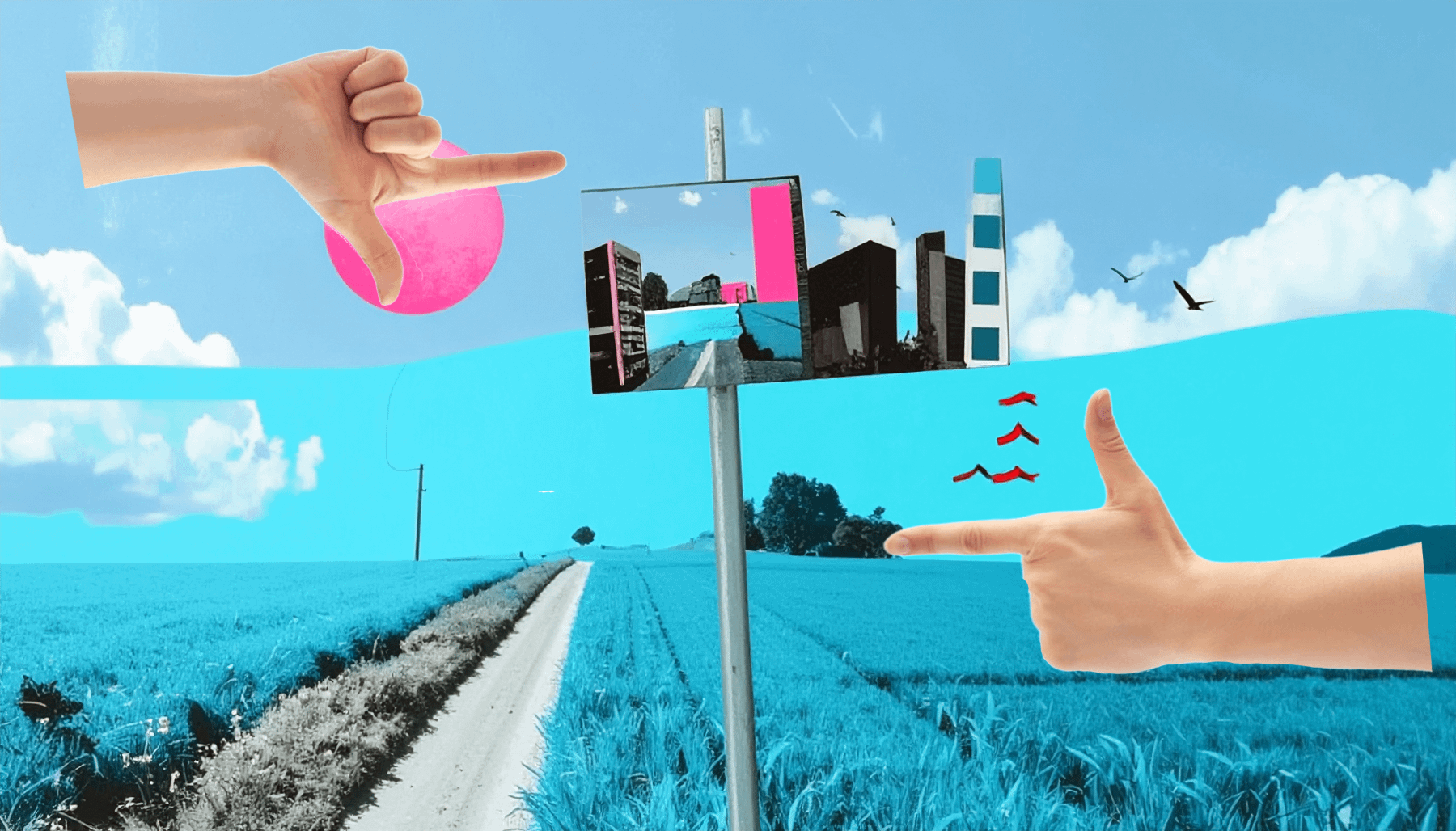 Leaders are manipulators Common Purpose Blog Surreal collage of a rural road through blue fields with a street sign showing a cityscape, framed by two hands making finger-gun gestures, a pink sun, and birds flying in a bright blue sky