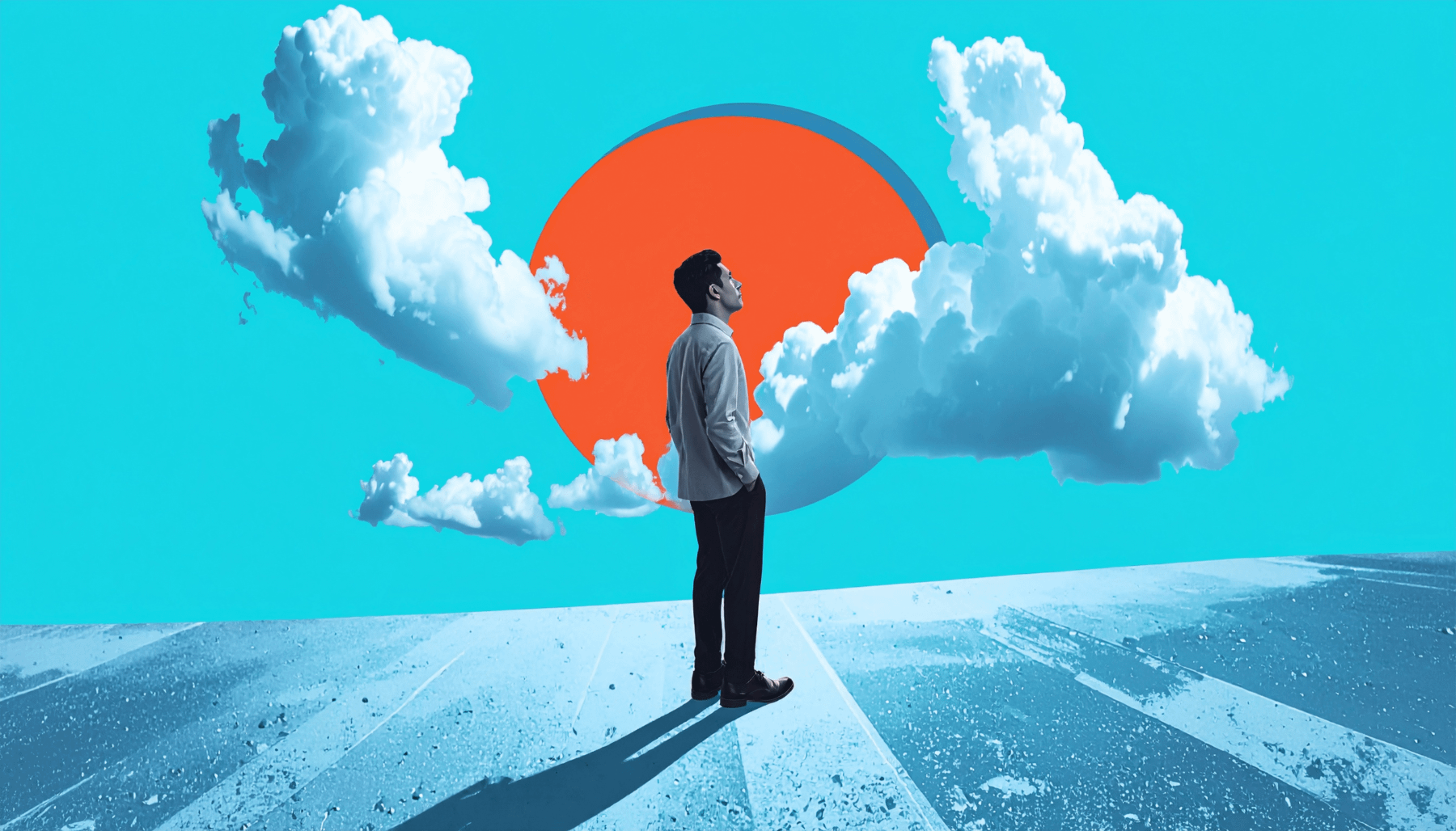 LinkedIn Leadership Is Lonely Common Purpose A man stands on a wide open surface, looking up at the sky with large clouds and a bold red-orange circle against a bright blue background, symbolizing reflection and purpose