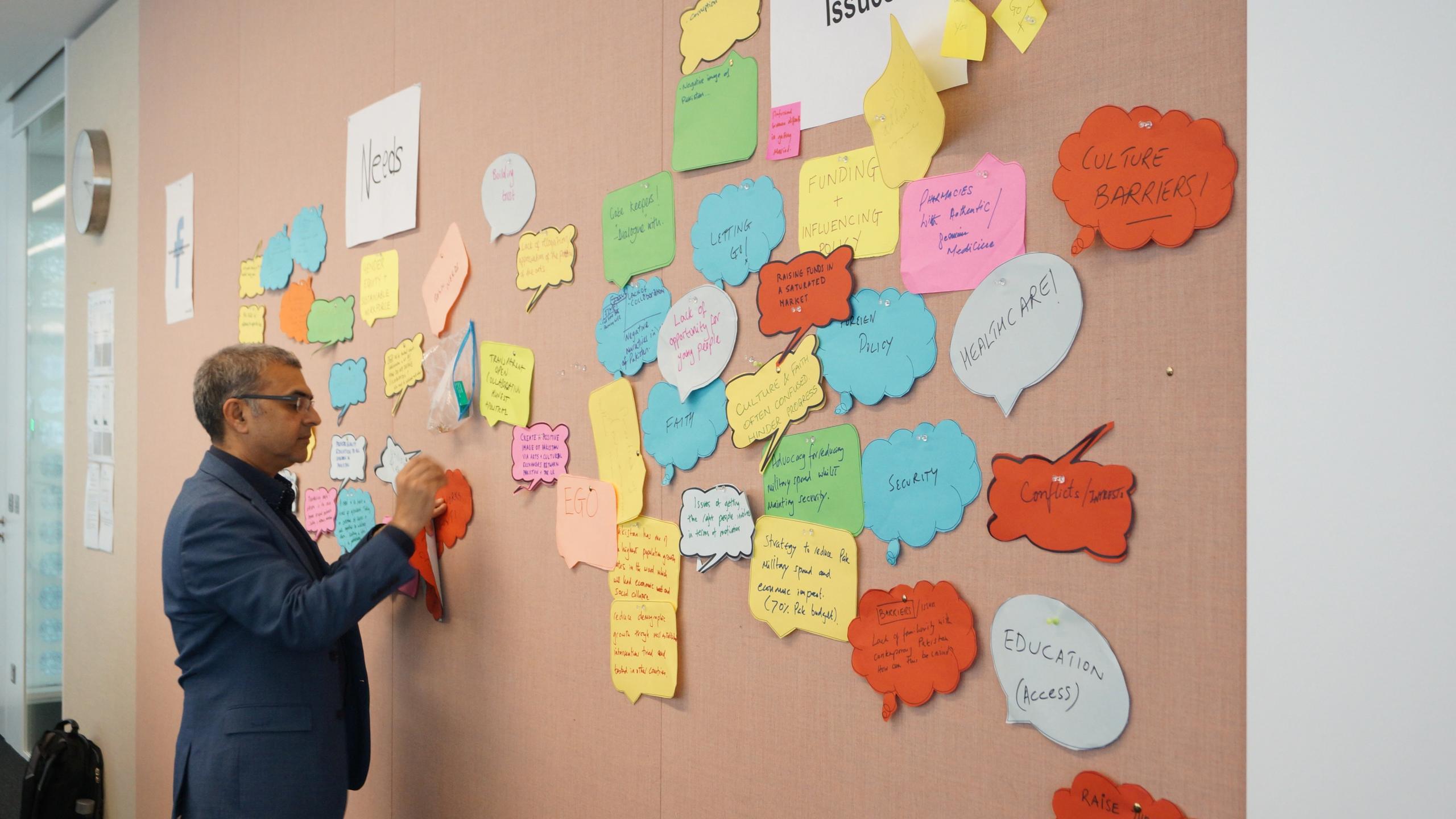 Man sticking a piece of paper to a wall of colourful notes